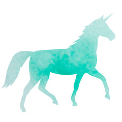 vector, white background, green watercolor silhouette unicorn