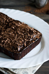 Chocolate pound cake with chocolate icing and chocolate chips