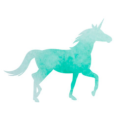 vector, white background, green watercolor silhouette unicorn