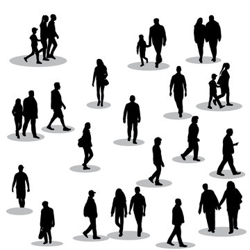 vector, on white background, black silhouette of walking people