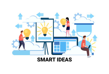 people holding light lamp new smart ideas concept creative innovation startup project successful teamwork strategy flat horizontal vector illustration