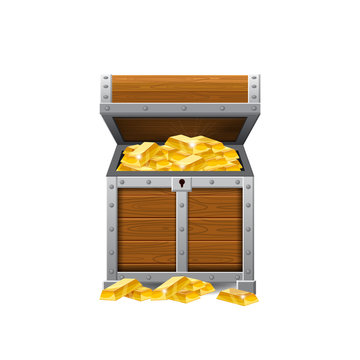 Wooden old pirate chests, full of treasures, gold coins, treasures, vector, cartoon style, illustration, isolated. For games, advertising applications