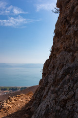 Looking at the Sea of Galilee from Arbel Cliff vertical