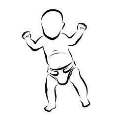 Bald baby in the diaper makes the first steps