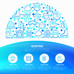 Winter concept in half circle with thin line icons: fireplace, skates, mittens, snowflake, scarf, snowman, pullover, sledges, rocking chair, skiing, icicle. Vector illustration, print media template.