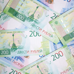 MOSCOW, RUSSIA - 08 28 2018: top view of new banknotes Russian rubles