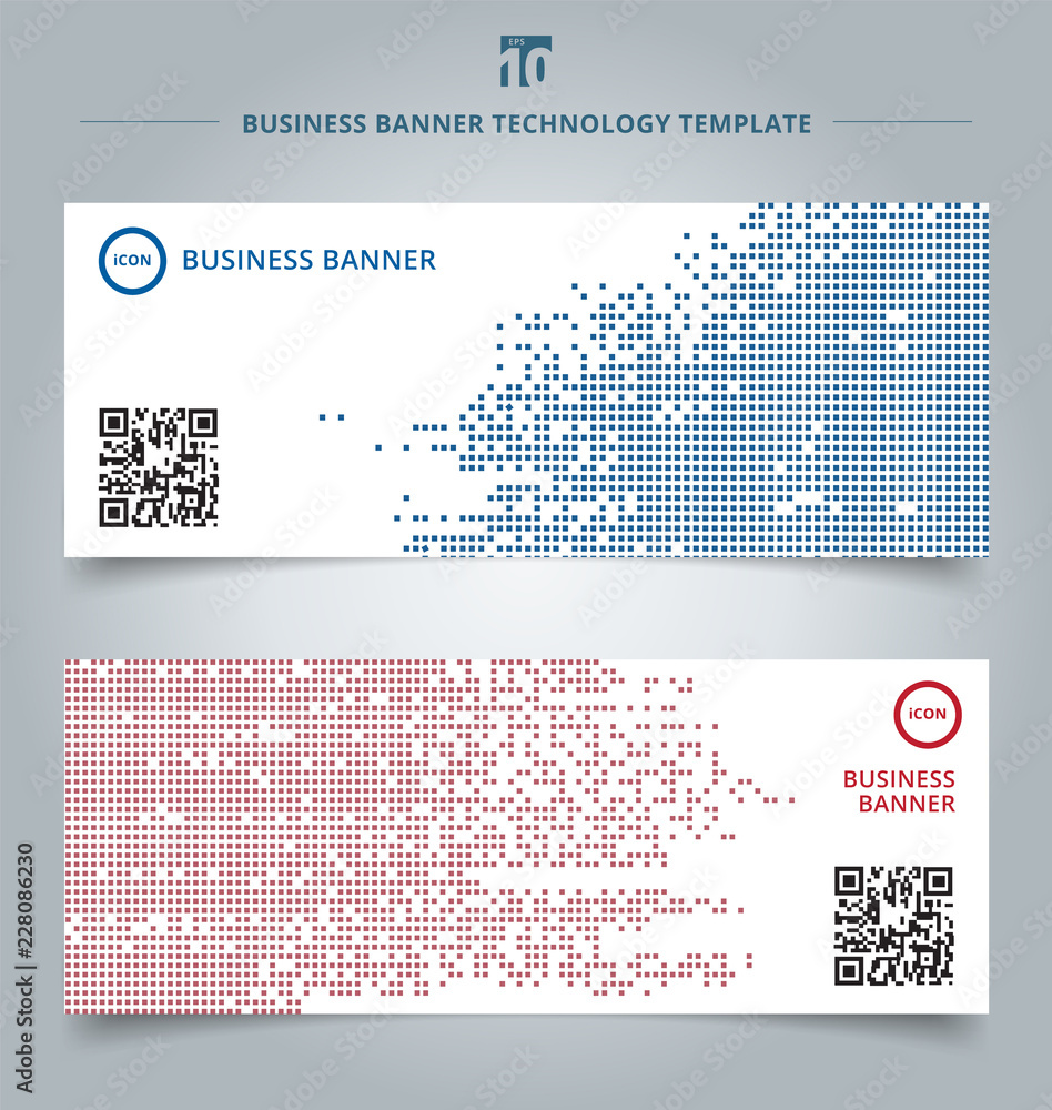 Poster set of template abstract technology digital data square blue and red pattern pixel background.