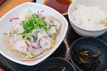 Kurobuta Pork slide and scald with Shoyu Sauce bento set at restaurant Japan