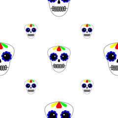 Vector illustration. Seamless pattern. Day of the dead. Dia de los muertos icons on white background. Set of colourful sculls. Halloween texture, background.