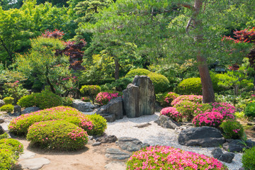 Beautiful garden of colorful flowers on hill
