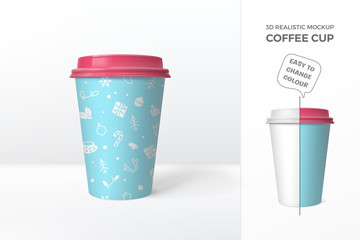 Vector 3D realistic mockup of coffee cup with pattern of christmas elements (seamless pattern completely under the mask). Isolated from the background. Easy to change colour.