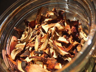 Dried  mushrooms in glass 