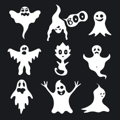 Cartoon White Ghosts Characters Set on a Black. Vector