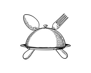 Vector Service Restaurant use Cloche and Crossing Spoon and Fork Tools Sign Symbol Hand Drawn Logo Design Inspiration