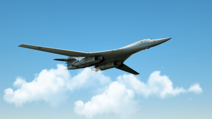 Aarmed military fighter jet in flight on the cloudly sky background. 3d render