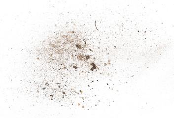 Fototapeta na wymiar Soil, dirt dust pile isolated on white background, top view