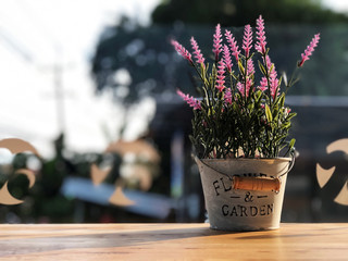 Flowers, purple & violet tones, Purple  Artificial Flowers in vintage pot on the wooden table with natural light  