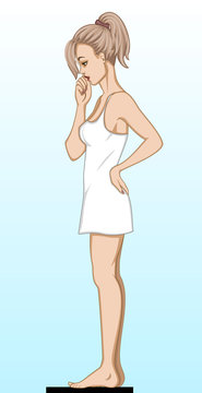Young woman in a chemise looking at her weight on the scale; on gradient blue background