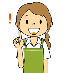 エプロンの女性　人差し指をさす　保母さん　主婦　料理　カフェ店員　お花屋さん