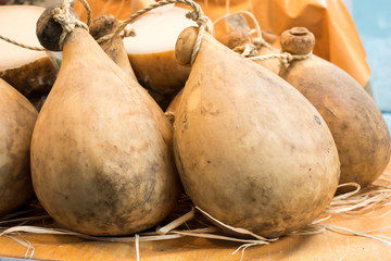 Many forms of caciocavallo cheese dop sale in Italian market