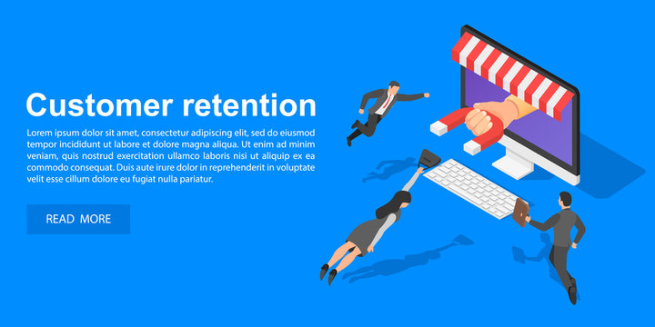 Client retention concept banner. Isometric illustration of client retention vector concept banner for web design