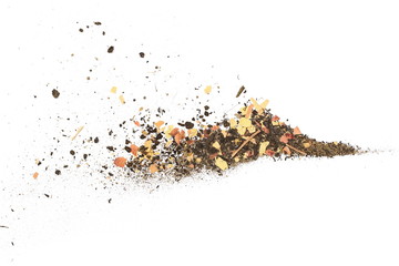 Cut autumn, fall yellow leaf pieces and dirt, soil dust isolated on white background, organic plant...