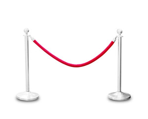 silver pole with red rope barrier isolated on white background This has clipping path.