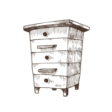 Hand drawn national beehive in sketch style. Vector Illustration. Wooden box hive isolated on white background.