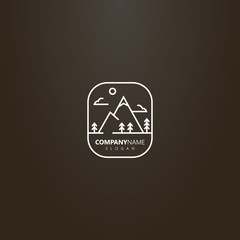 white logo on a black background. simple vector line art isolated logo of mountain landscape with clouds, spruce and sun