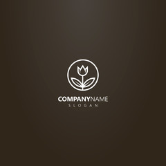 white logo on a black background. simple vector line art tulip logo with leaves in a round frame