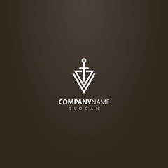 white logo on a black background. simple vector abstract logo of a sword piercing two triangles
