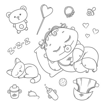 Sleeping child and kitten. Hygiene items, baby care and toys. Chubby curly asleep kid with pacifier in his mouth in clothes and cat. Vector set flat black color sketch contour illustration