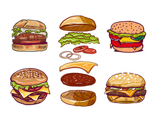 Burger. Hand drawn vector illustration. For menu cafe, restaurant. Design teamplate banner, poster.