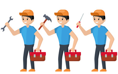 Cartoon repairman with different tools for repair. Hammer, wrench and screwdriver. Modern flat design vector illustration.