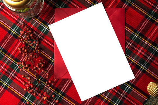 Festive Gold Program/Menu Mockup, on red checkered background