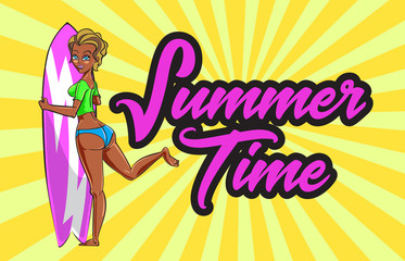 Summer time poster design with surfer girl in cartoon style.