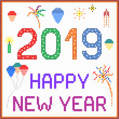 New year 2019 pixel message - 2019 New year message with balloons and fireworks. Square pixels of various colors have been used.