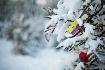 Ecuador flag. Christmas background outdoor. Christmas tree covered with snow and decorations and...