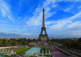 Eiffel Tower in Paris scenic view with the blue sky in summer,  Beautiful view of famous Eiffel Tower in Paris, France