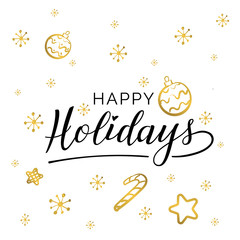 Happy holidays. Beautiful greeting card calligraphy black text word gold stars. Hand drawn invitation T-shirt print design. Handwritten modern brush lettering white background isolated vector