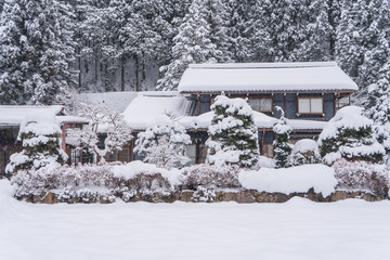 landscape of house and trees in snow with wintry frosty day