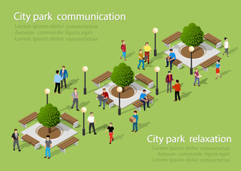 Isometric people lifestyle communication in an urban environment in a park with benches and trees - obrazy, fototapety, plakaty