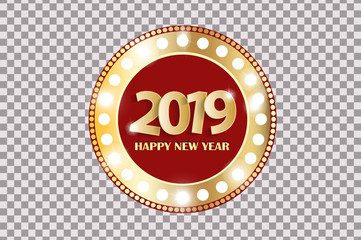 Happy New Year 2019 greeting card concept with golden cuted white numbers isolated on transparent background. Vector illustration