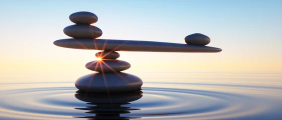 Foto op Canvas Steine in Balance - Gleichgewicht bei Sonnenaufgang im Meer © peterschreiber.media