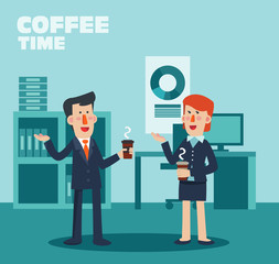 Two business persons drinking coffee and talking in office. Coffee time, break and relaxation vector concept