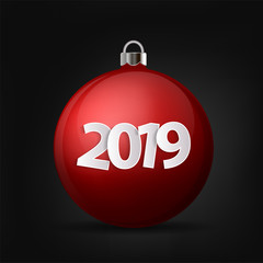 Xmas and New Year 2019 concept. Realistic red christmas ball with silver holder isolated. Vector illustration