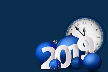 Xmas and New Year 2019 concept. Blue christmas balls with silver holders and vintage watch. Set of isolated realistic objects. Vector illustration