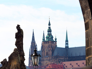 Naklejka premium Charles Bridge in Prague, Czech Republic. Prague Castle, sculpture of Charles Bridge