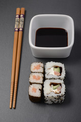 sushi rolls with soy and chopsticks