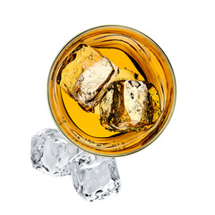 Whiskey or whisky in rocks glass from top view isolated on white background including